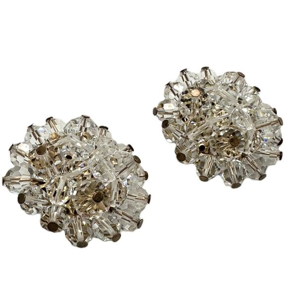 Vintage Glass Crystal Cluster Earrings Gold Clear Rainbow Iridescence 1.25 Inch - Picture 2 of 5